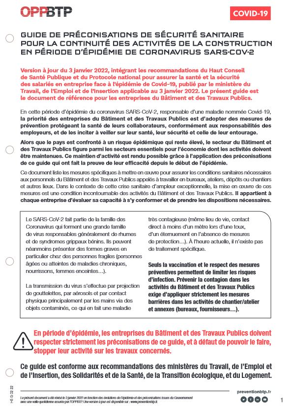 Document Publication d'une nouvelle mise à jour du Guide de préconisations sanitaires de l'OPPBTP (Version 18 du 03/01/2022)