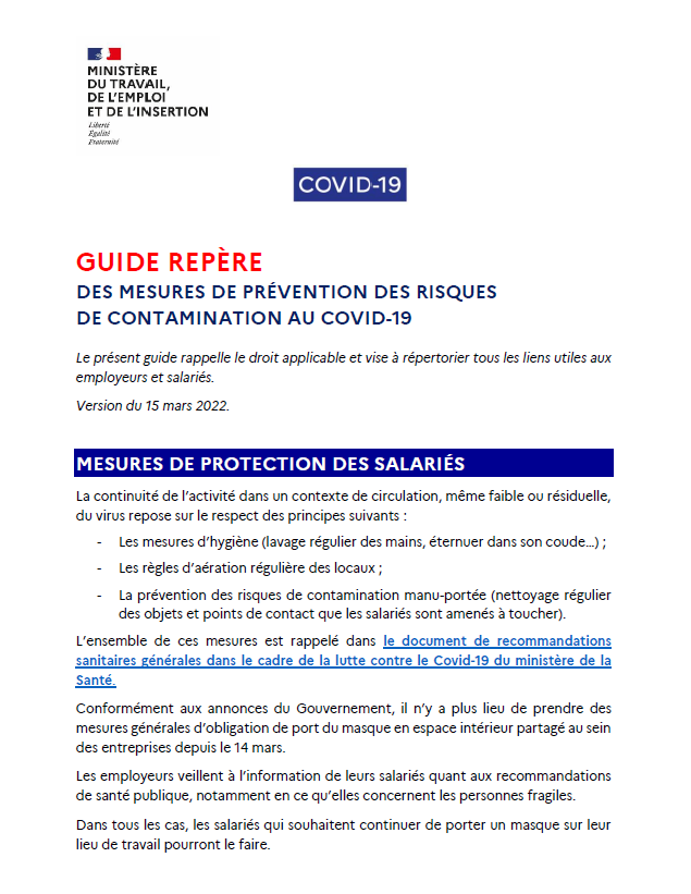 DGT - Guide repère des mesures de prévention des risques de contamination au Covid-19 hors situation épidémique