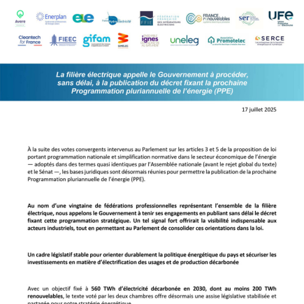 La filière électrique appelle le Gouvernement à procéder, sans délai, à la publication du décret fixant la prochaine Programmation pluriannuelle de l’énergie (PPE)