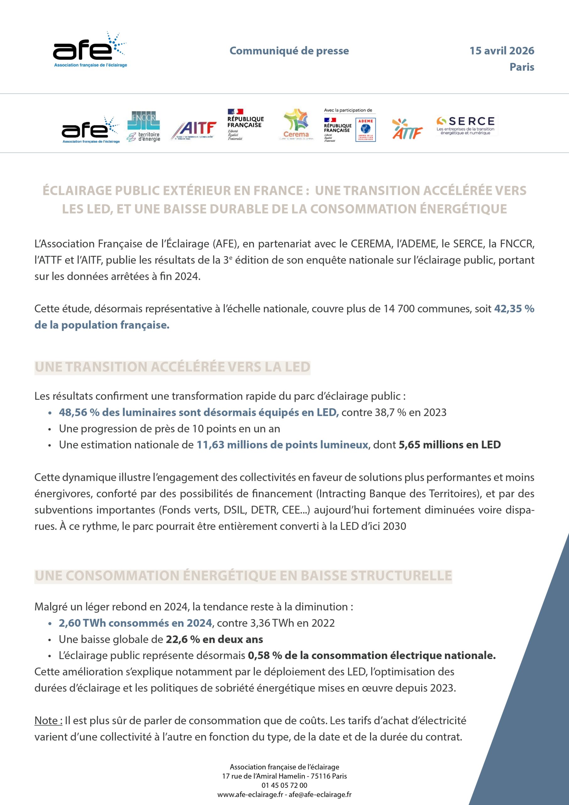 Éclairage public extérieur en France : Une transition accélérée vers les LED, et une baisse durable de la consommation énergétique